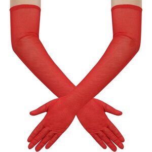 Women's Tulle Mesh Red Long Stretchy Gloves Halloween Party Wedding Costume